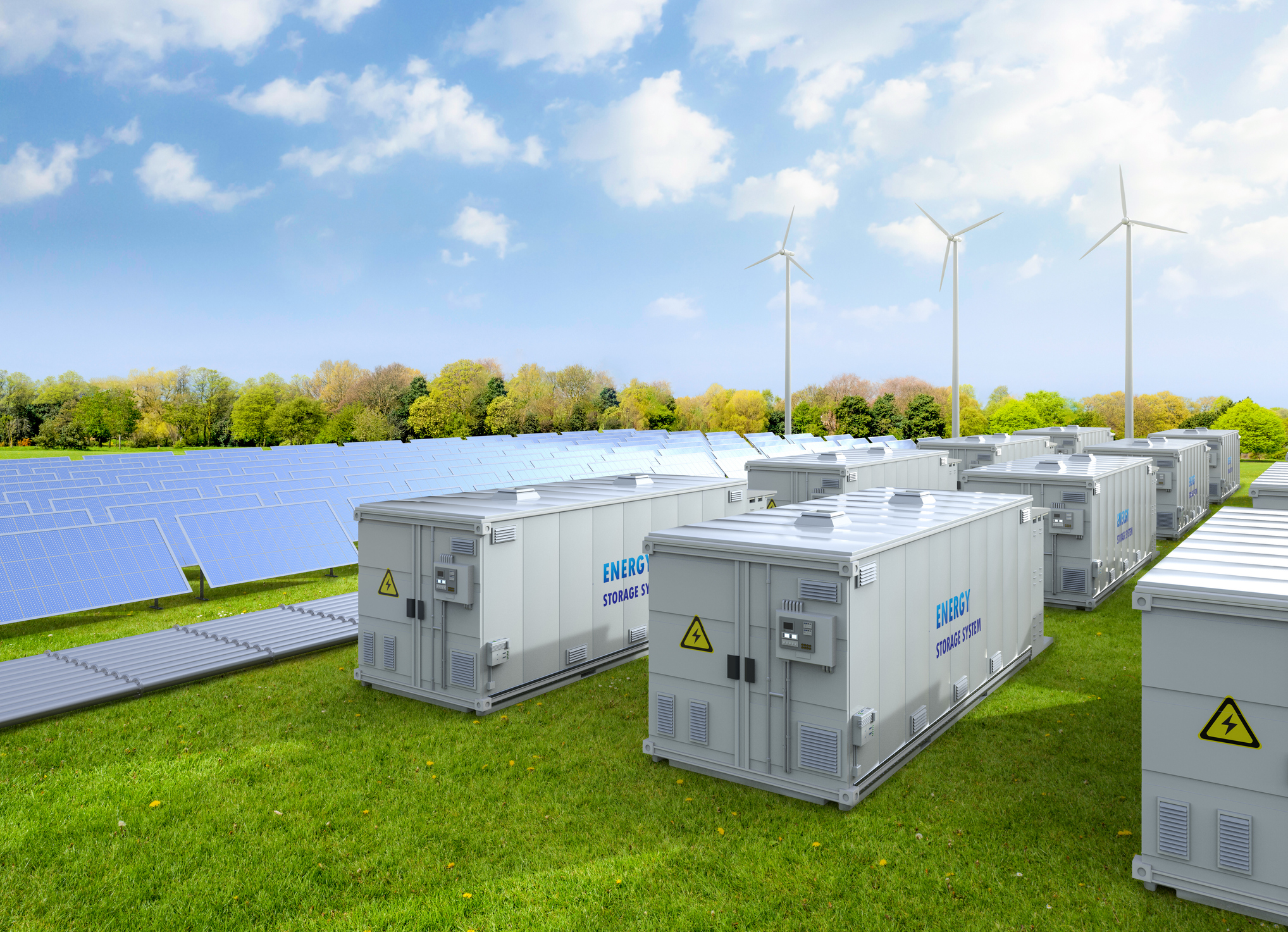 amount of energy storage systems or battery container units with solar and turbine farm